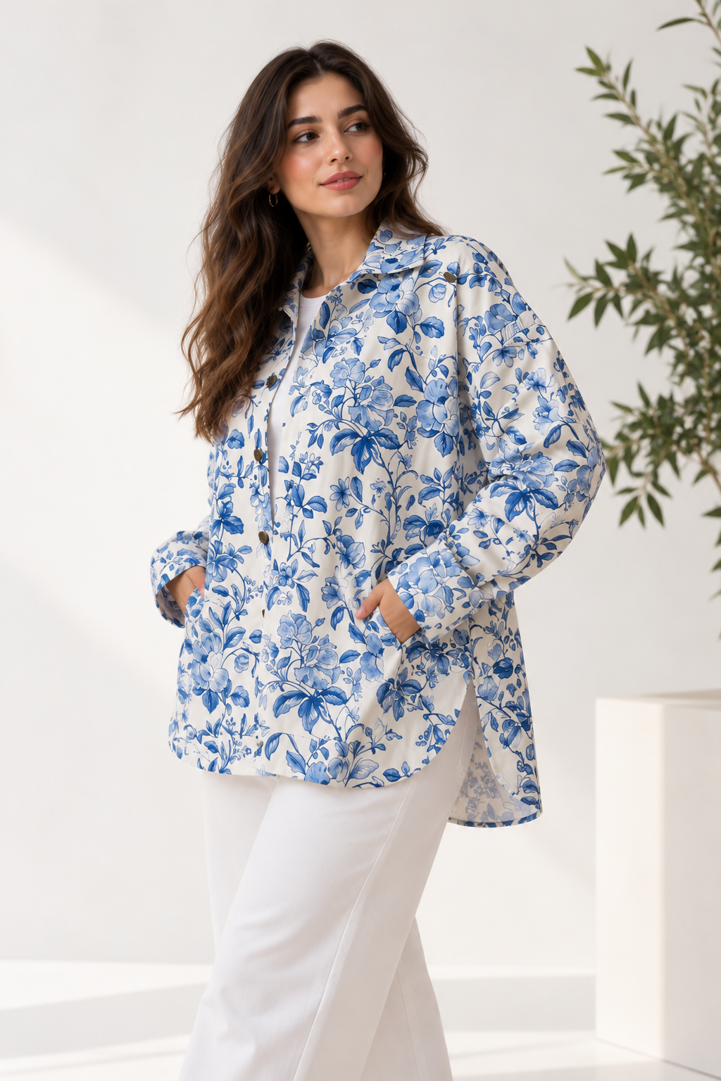 Blue flowers gabardine jacket