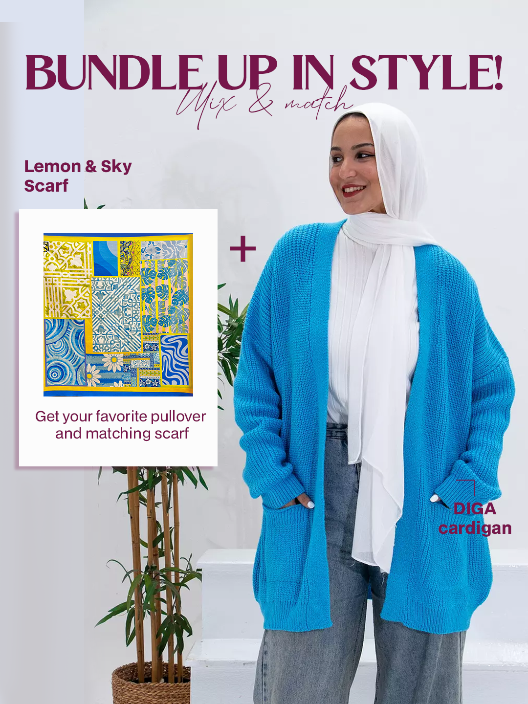 DIGA Cardigan + Lemon & Sky Scarf