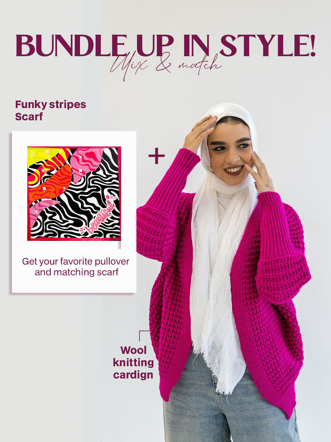 Wool knitting cardigan + Funky Stripes Scarf